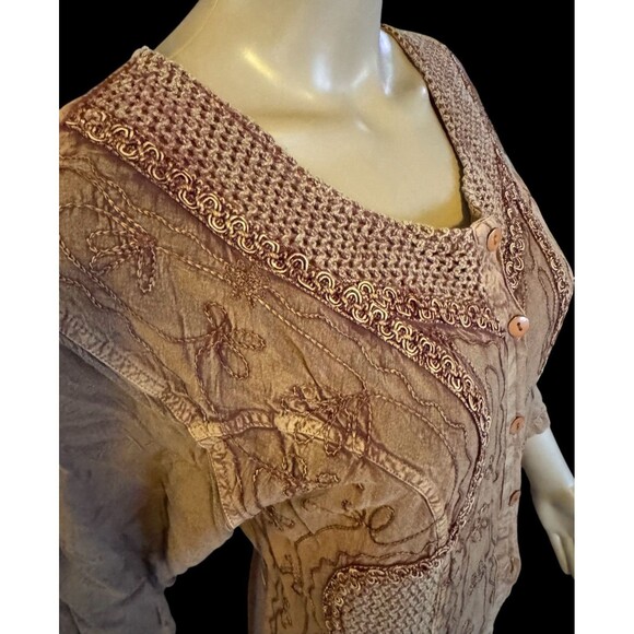 VTG Embroidered Maxi Dress  Free Size Button Front Rayon Tie Fringe Boho Cottage - Picture 10 of 13